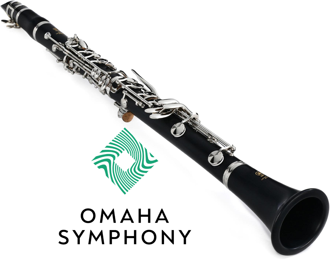 Omaha Symphony logo and a black clarinet