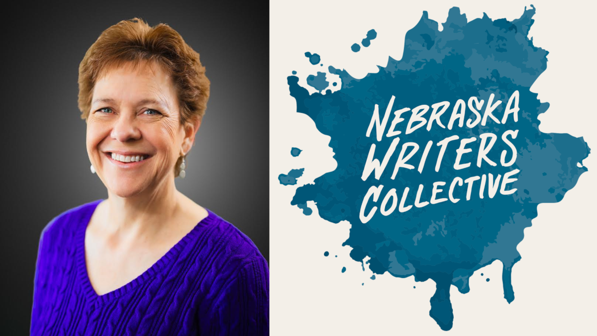 Head shot of Shelly Nosbisch, author and poetry educator, and Nebraska Writers Collective logo