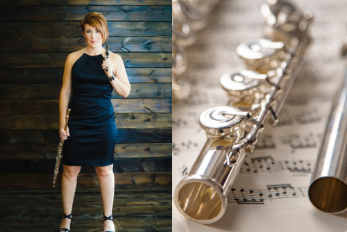 musician with flue and piccolo with a sheet of music and flute on page 