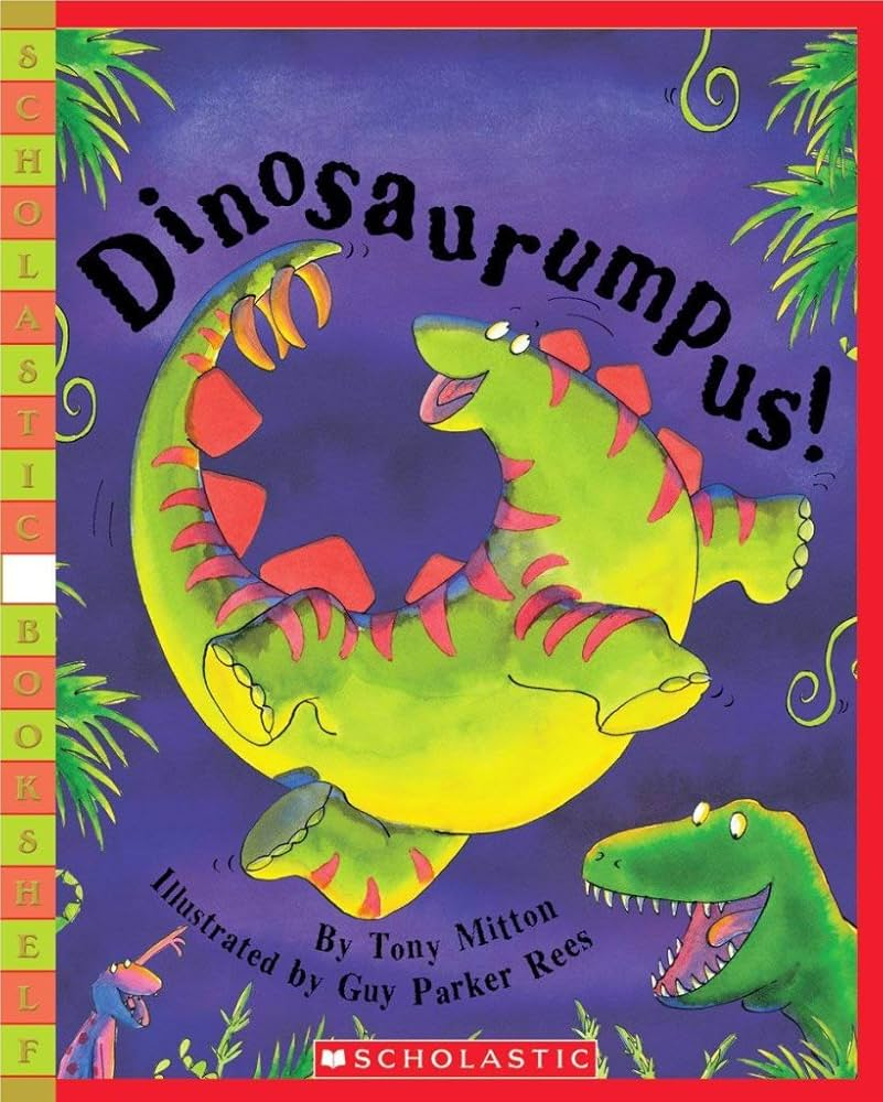 Dinosaur dancing on the cover of a book.