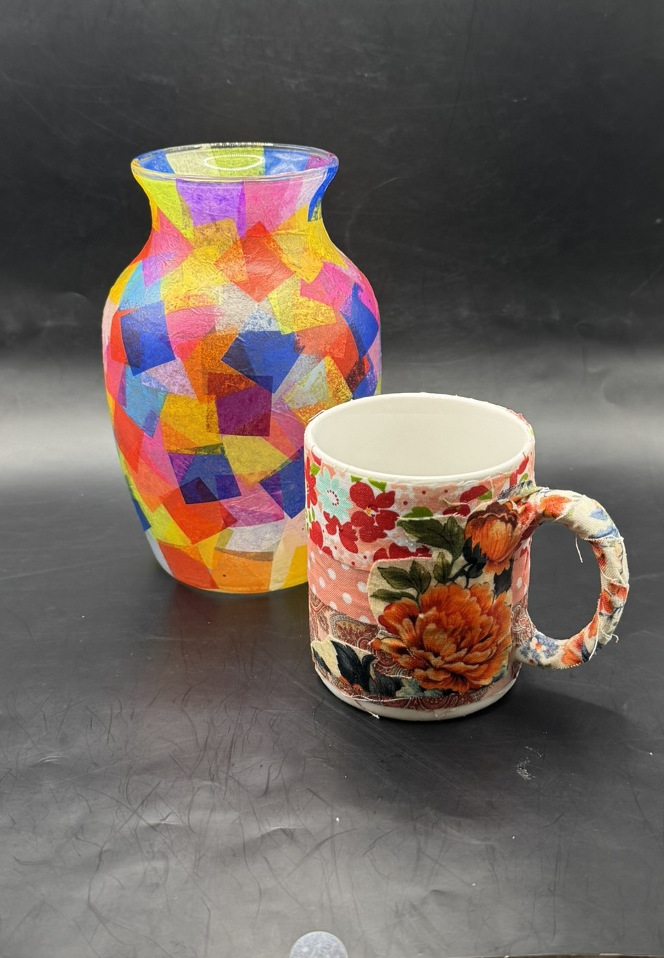 Colorful vase and coffee cup.