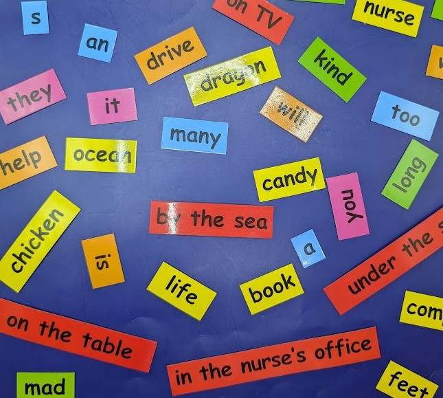 Words on strips of color paper.