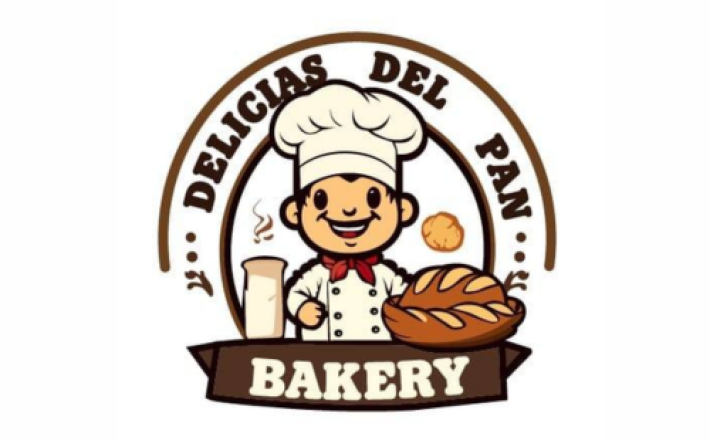 Delicias Del Pan Bakery logo. Illustrated baker with bread