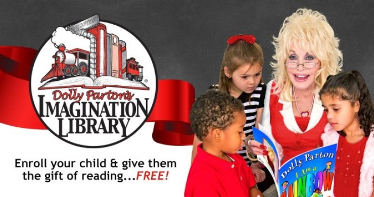Dolly Parton's Imagination Library header featuring Dolly reading to three children