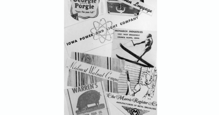 Photo of various company logos including Georgie Porgie, Balaban Luggage, Iowa Power and Light Company, Monarch Industries, Midwest Walnut Company, The Morris Register Company, and Warren Feed Company