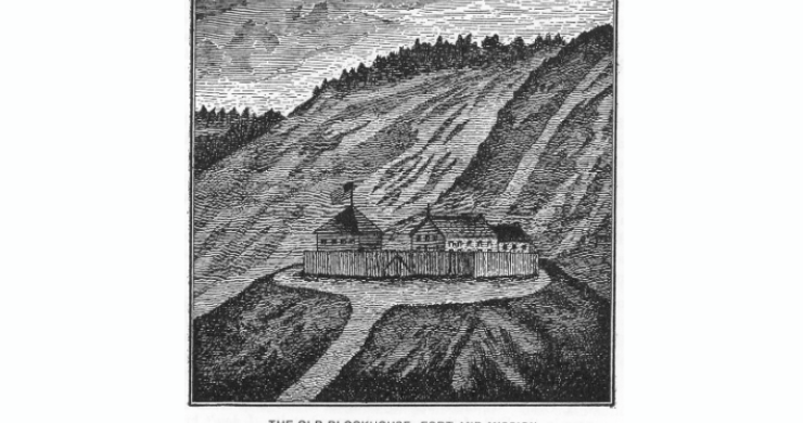 Sketch of "The Old Blockhouse, Fort and Mission" by George Simon, undated