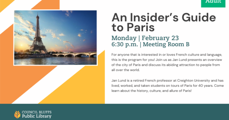An ad for the event 'An Insider's Guide to Paris,' with an image of the Eiffel tower on the left, and program information on the right.
