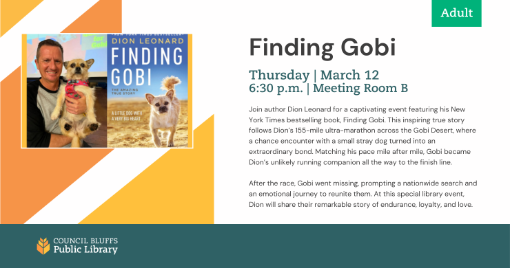 An ad for the event 'Finding Gobi,' with an image of a dog and the author who wrote a book by the same name on the left, and program information on the right.
