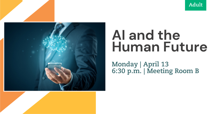An ad for the event 'AI and the Human Future,' with an image of a man holding a holographic brain on the left, and program information on the right.