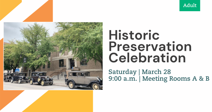 An ad for the event 'Historic Preservation Celebration,' with an image of antique cars lined up in front of city hall on the left, and program information on the right.