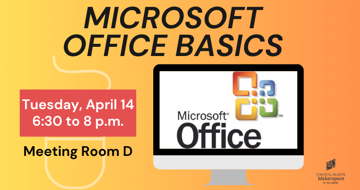 An ad for the event 'Microsoft Office Basics,' with Microsoft's logo in the center of a computer screen, and program information on the left.