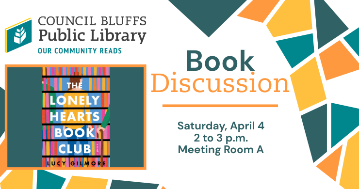 An ad for the event "Our Community Reads Book Discussion," with the cover of "Lonely Hearts Book Club" on the left and program information on the right.