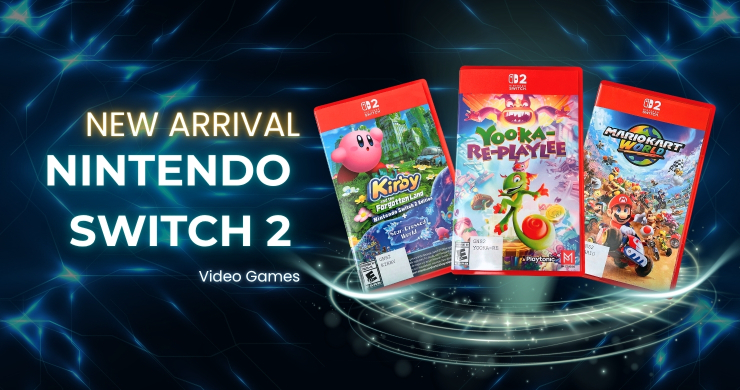 Text reading New Arrival Nintendo Switch 2 Video Games with image of nintendo switch 2 games and glowing light