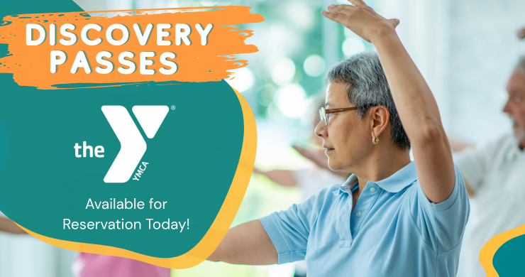 Image of Woman doing yoga with text "Discovery Passes the YMCA available for reservation today!"